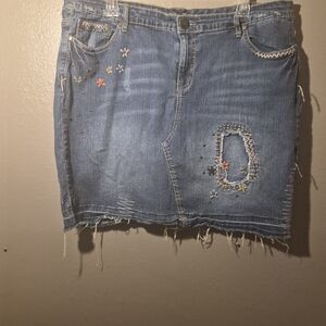 Floral Embroidered Distressed Denim Mini Skirt